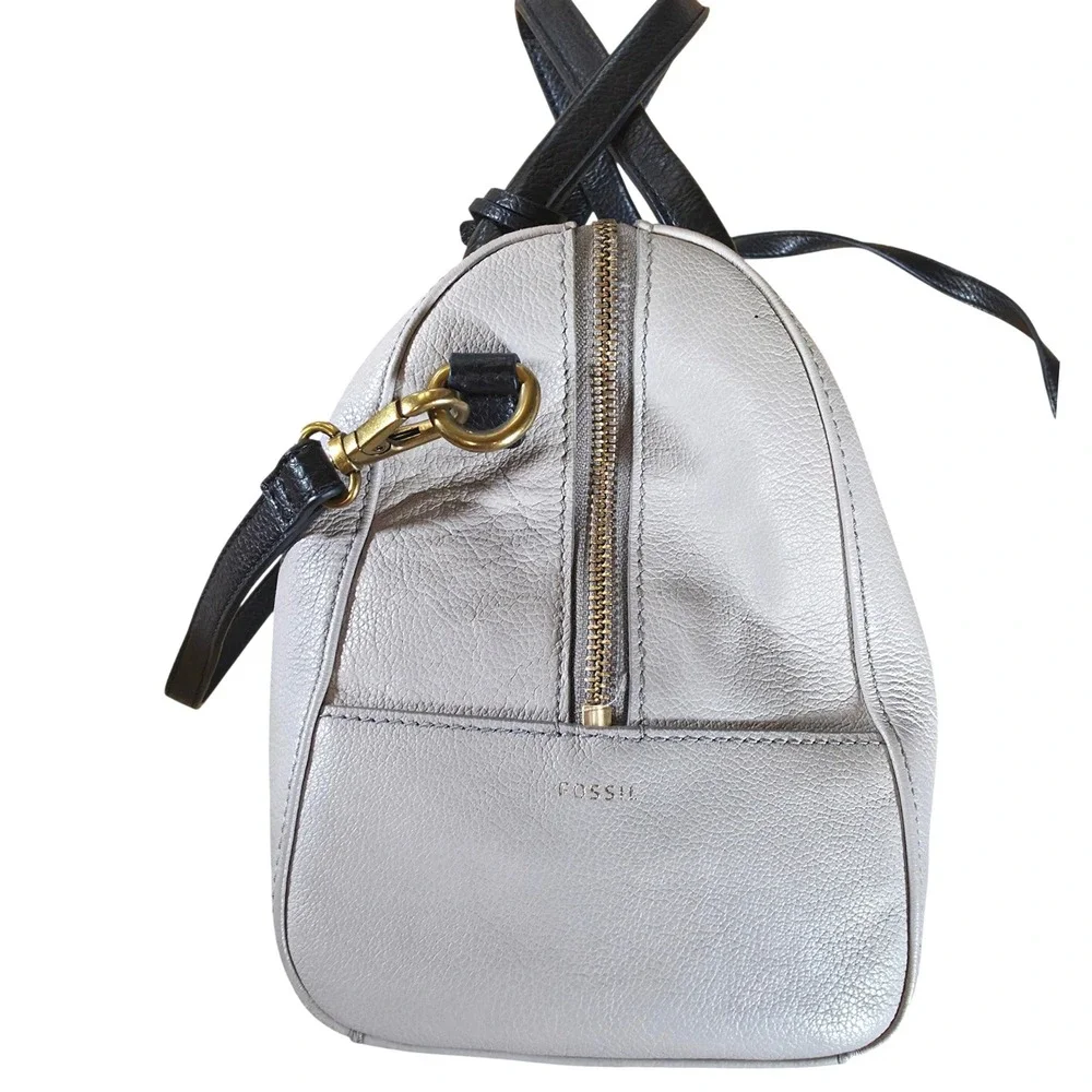 Fossil Jori Large Satchel Purse Gray White Leather Handbag Top Handle Bag w/ Key